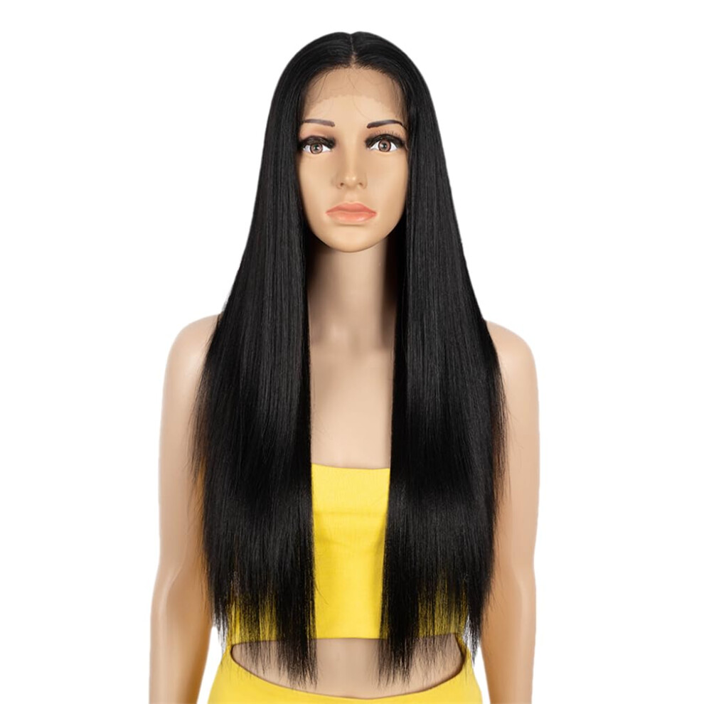 Unisex Black 28 Inch Straight Synthetic Lace Front Wig For Women, 1B Color, Natural Hairline, 130% Density