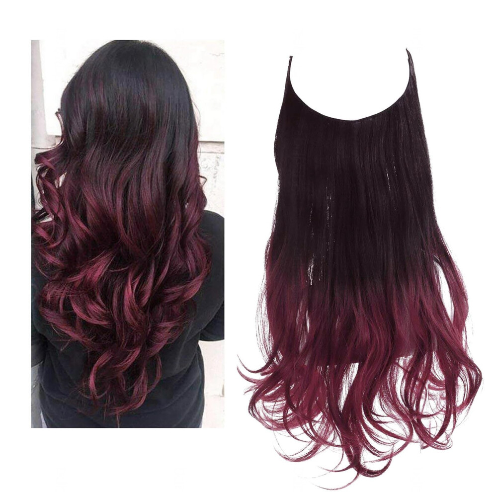 Unisex Black Invisible Wire Hair Extensions Long Wavy Synthetic Hairpiece Adjustable Wire Seamless Blend 16Inch