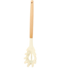 Silicone Pasta Fork Spoon with Wooden Handle - Food Grade Noodle Strainer