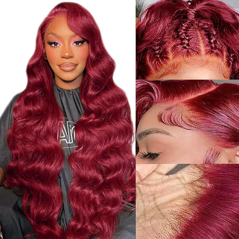Unisex Red 28 Inch Burgundy Lace Front Human Hair Wig 13X4 Body Wave 99J Color Pre Plucked Natural Hairline