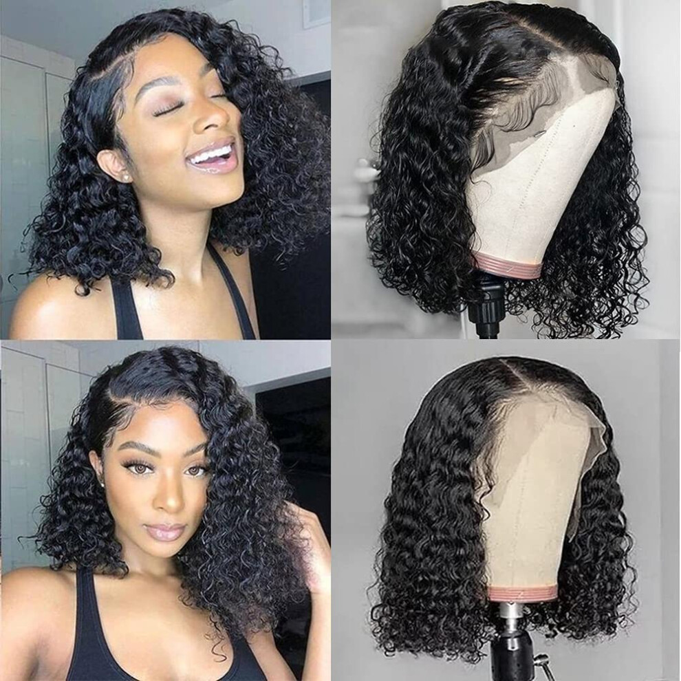 Unisex Curly Bob Wig 13X4 Lace Front Brazilian Virgin Human Hair Pre Plucked Natural Kinky Curls 14 Inch