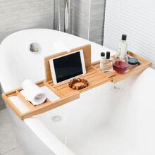 Bamboo Bath Caddy Tray for Tub Adjustable 6087cm with Wine Glass Book Phone Holder