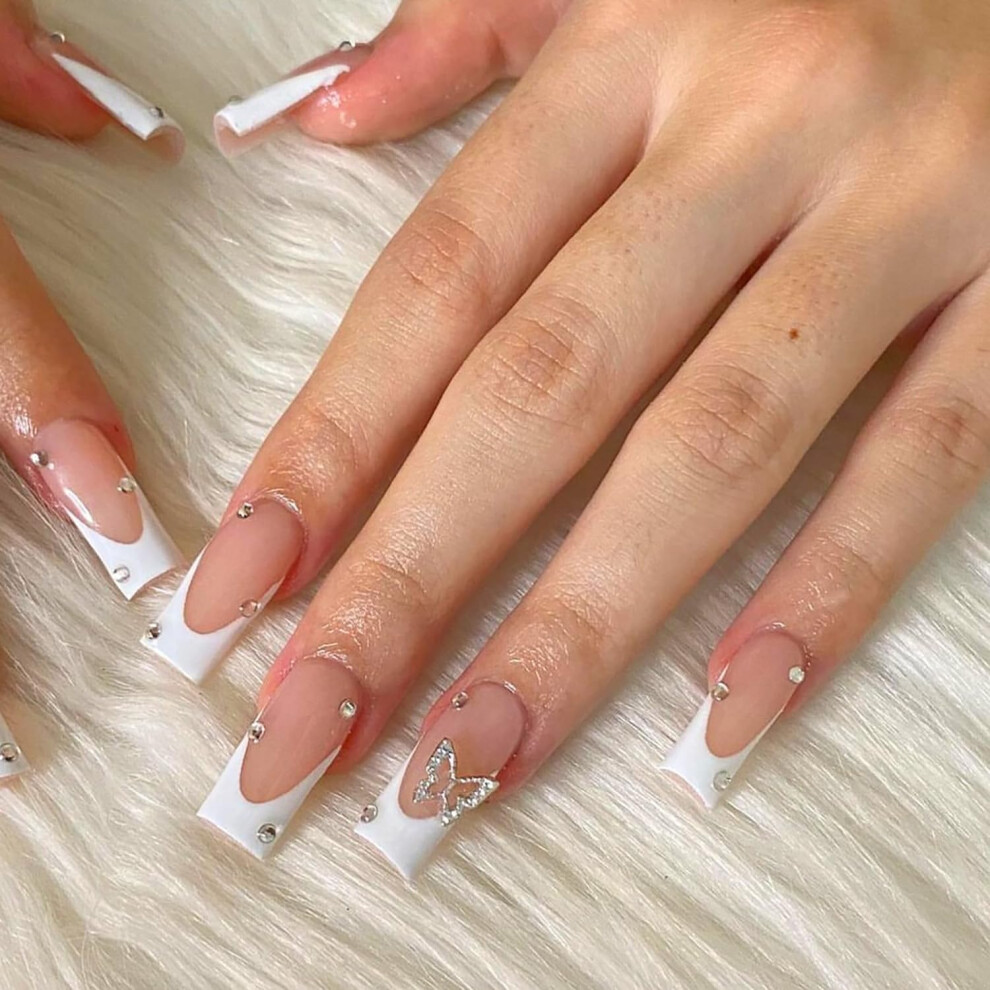 24pcs Long French Tip Press on Nails for Women, Glitter Acrylic Coffin Design with Rhinestone Butterflies