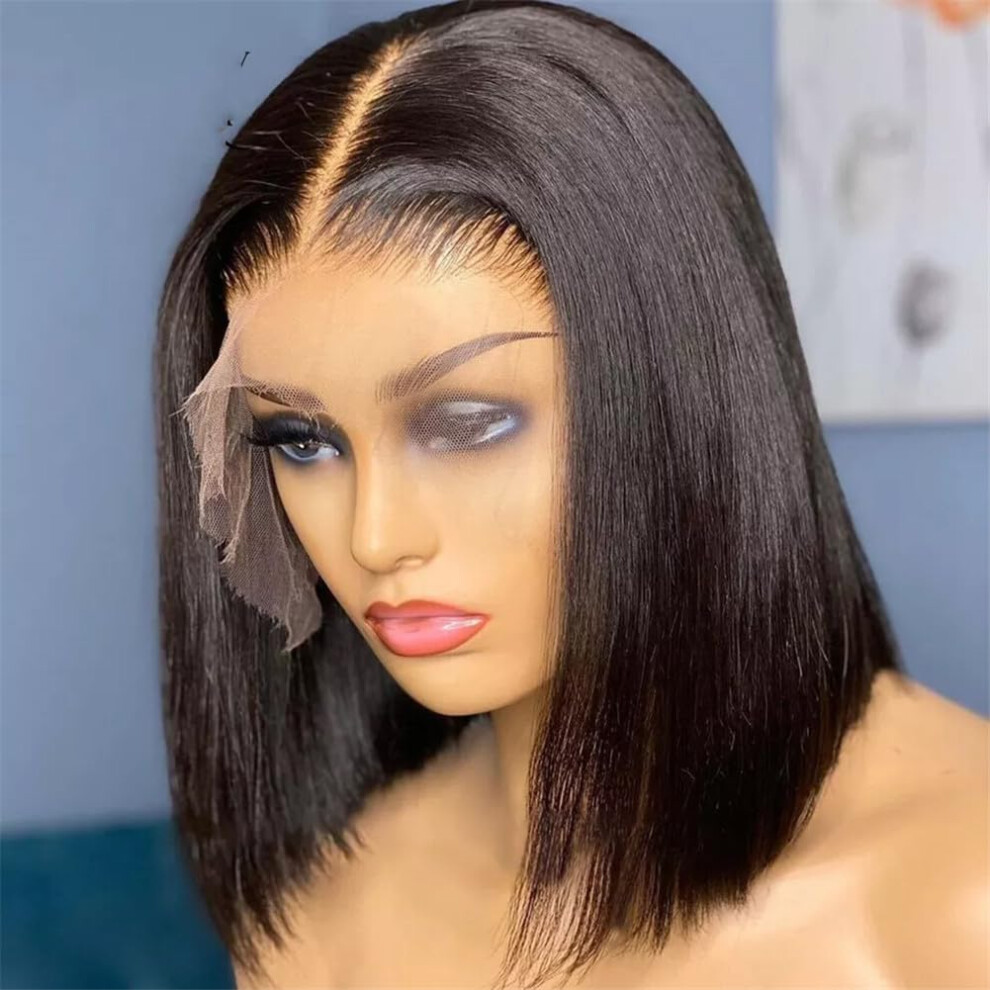 Unisex 13X4 Lace Front Human Hair Bob Wig Hd Transparent PreâPlucked Glueless Cap 12Inch 180 Density