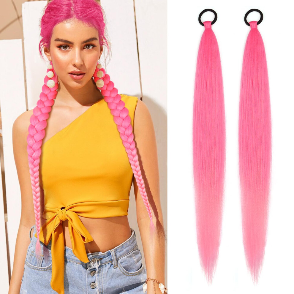 2 Pack 26 Inch Pink Gradient Ponytail Hair Extensions Straight Sleek Wrap Around Hairpiece