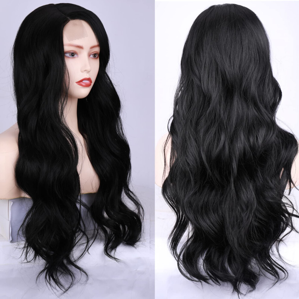 28 Inch Long Wavy Lace Front Wig Black Synthetic Heat Resistant Natural Hairline for Women