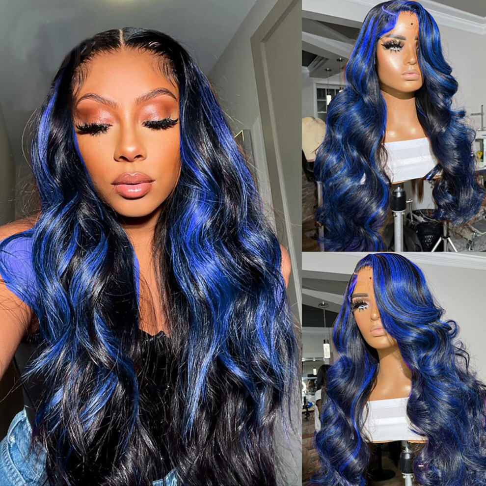 28 Inch Highlight Blue Human Hair Lace Front Wig for Women, Glueless Pre Plucked Skunk Stripe Style