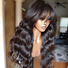 20 Inch Body Wave Human Hair Lace Front Wig with Bangs, Glueless Pre Plucked Virgin Hair