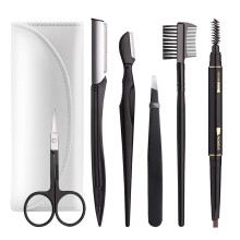 Eyebrow Grooming Kit 6 in 1 Tweezers Razor Scissors Brush Brown Pencil with Pouch (CWhite)
