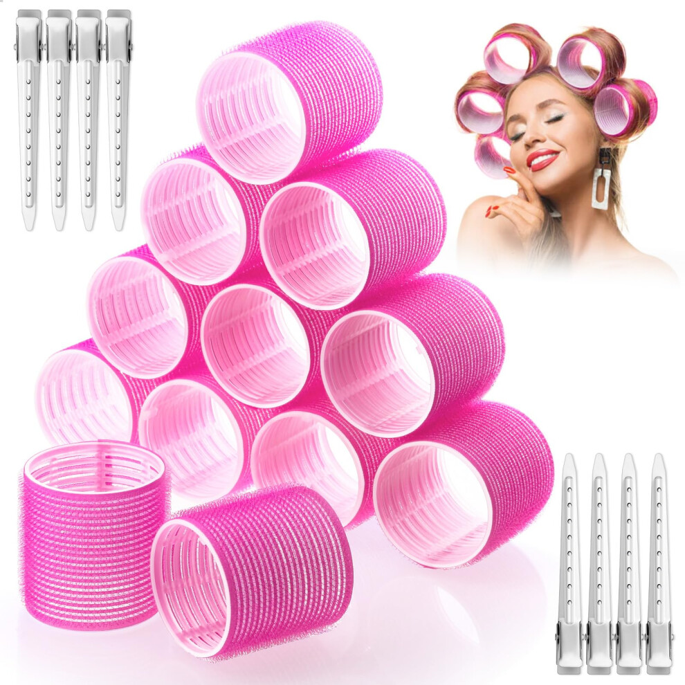 Jumbo Hair Rollers 60mm Self Grip Curlers with Clips for Long Thick Hair SalonStyle Volume Rose Red