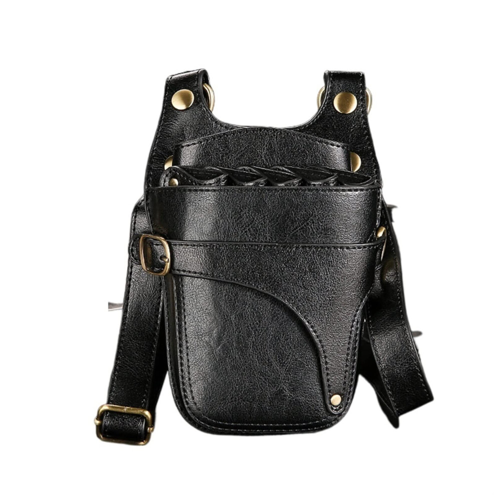 Black Hair Cutting Shears With Pu Leather Barber Scissor Holster, Detachable Belt, Multipocket