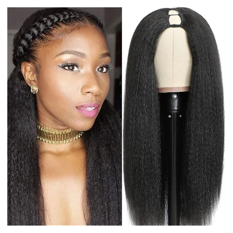 24 Inch U Part Human Hair Wig for Black Women, Long Straight Glue  Natural Blending Design