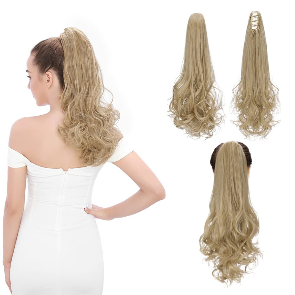 Unisex Clip In Ponytail Extension 18 Inch Wavy Curly Natural Blonde Hairpiece With Secure Claw Clip