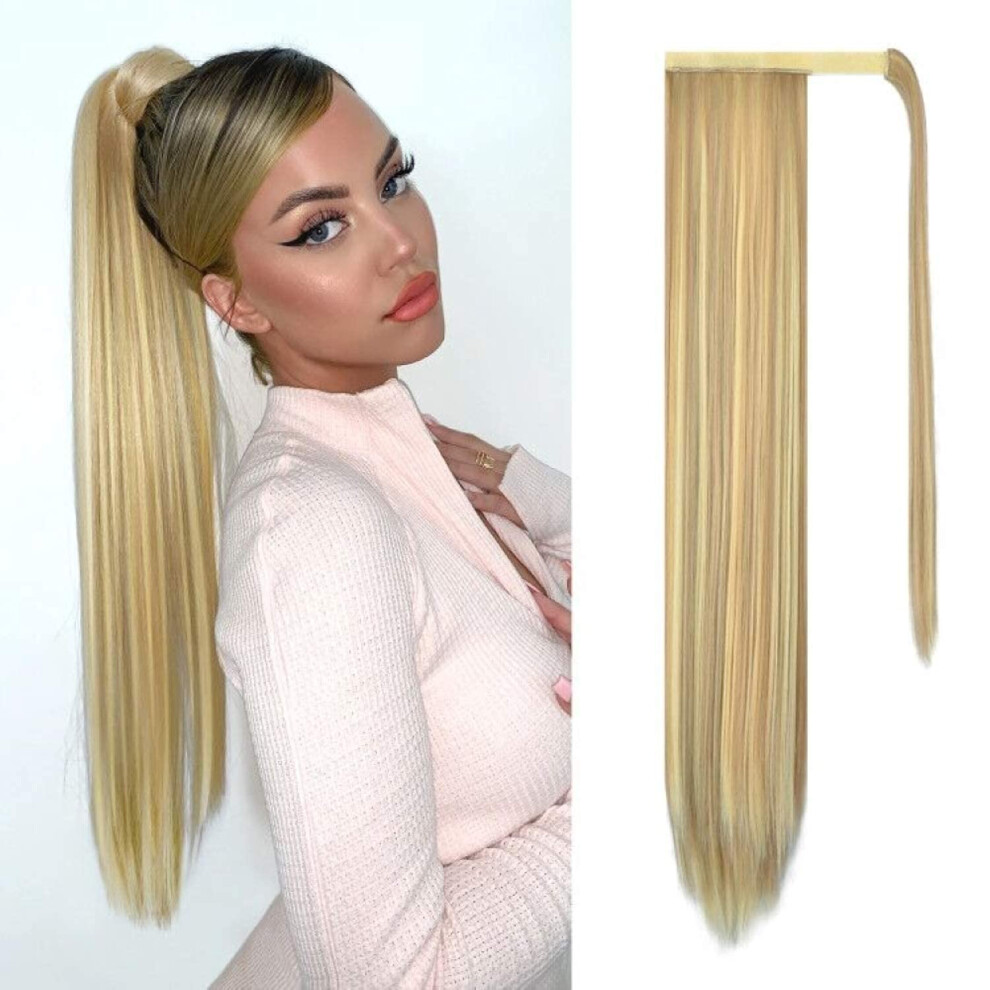 Unisex Brown 24 Inch Straight Ponytail Extensions Clip In Hairpiece Synthetic Wrap Around Light Ash And Bleach Blonde