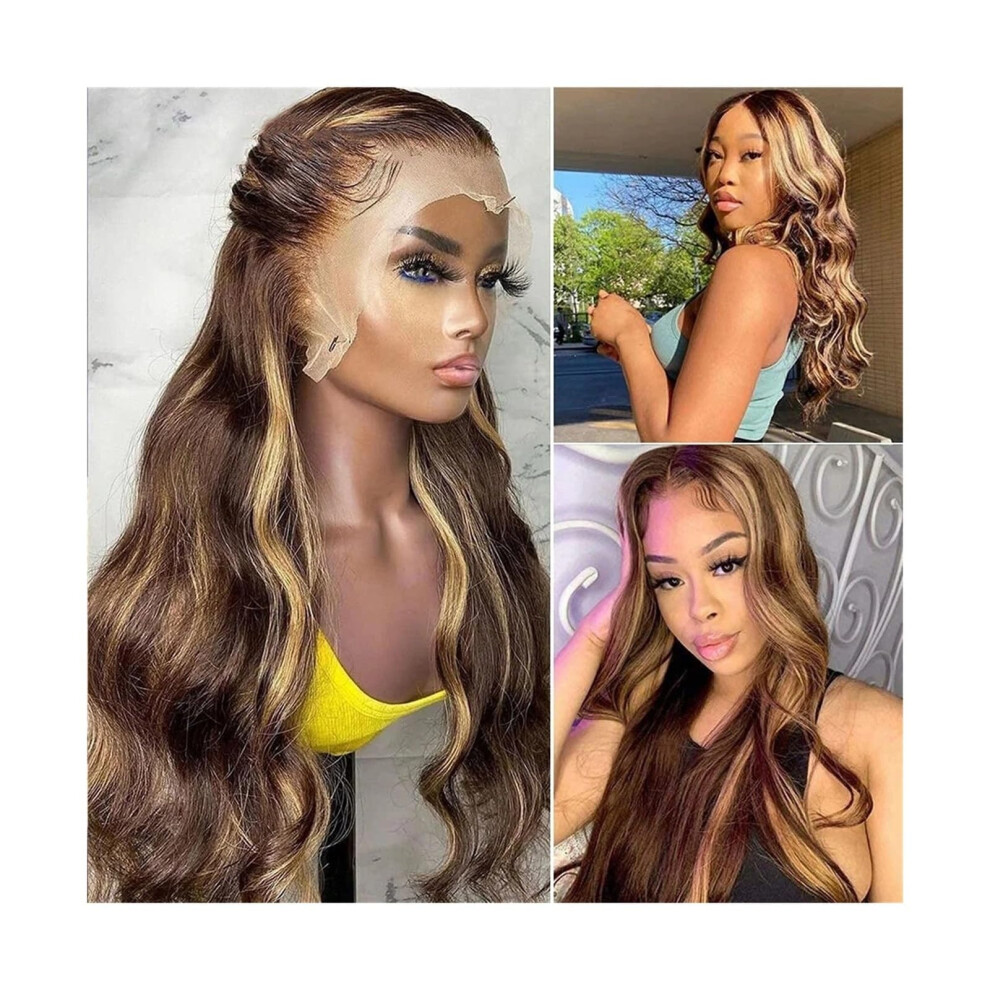 Unisex Brazilian Remy Human Hair Wig 180% Density 13X4x1 T Part Lace PreâPlucked Hairline Highlight 4/27 Ombre