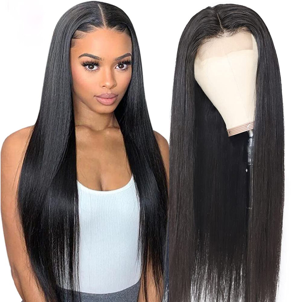 Straight Human Hair Lace Front Wig 20 Inch Brazilian Virgin 4x4 Lace Closure Pre Plucked 150% Density