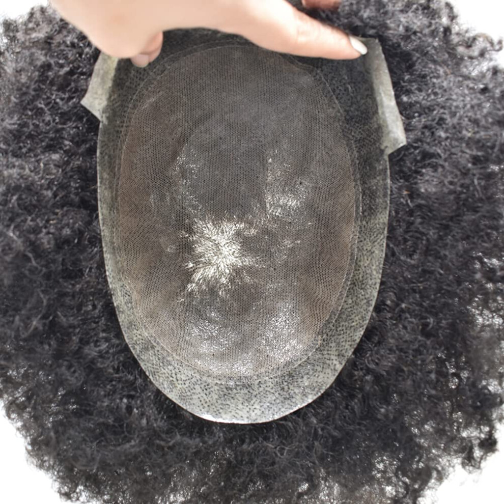 Unisex Black Afro Toupee For Men Human Hair Wig 8X10 1B Off Curly Poly Skin Base Invisible Hairline