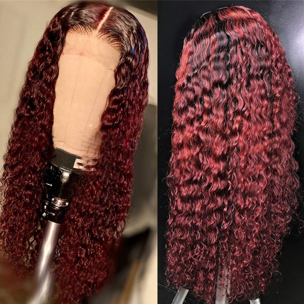 Unisex Red 18 Inch Ombre Burgundy Deep Curly Human Hair Lace Front Wig 150% Density Glueless 13X4 Virgin Remy