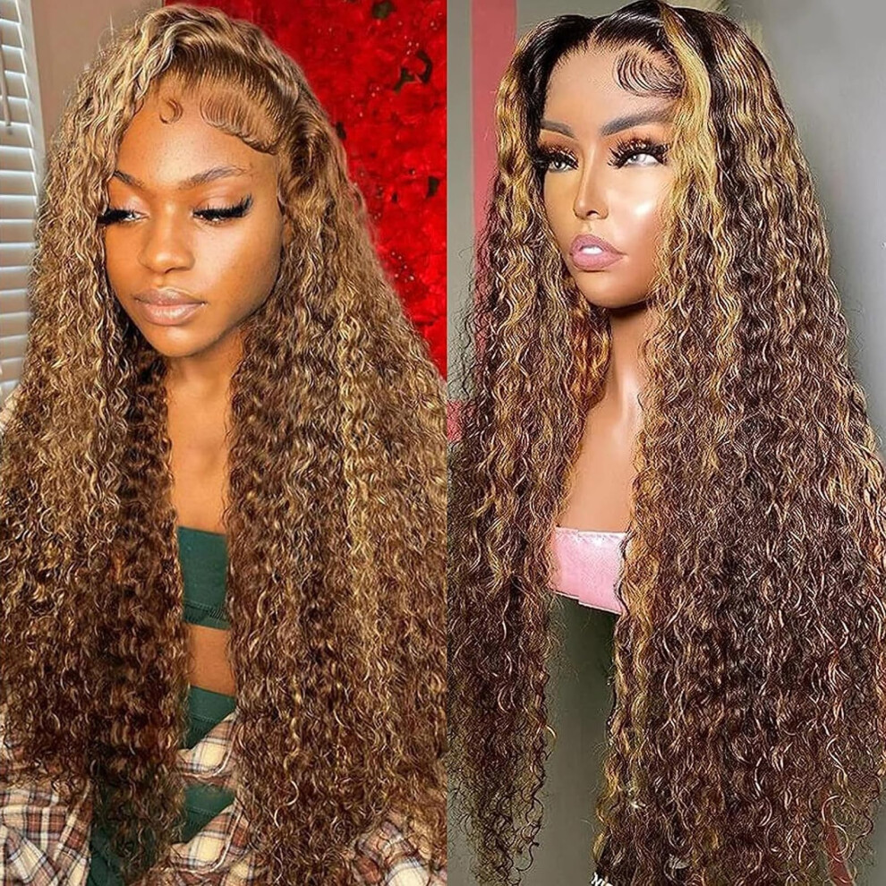 Unisex Black Human Hair Lace Front Wig Jerry Curly P4/27 Highlight 4X4 Glueless 200% Density For Women