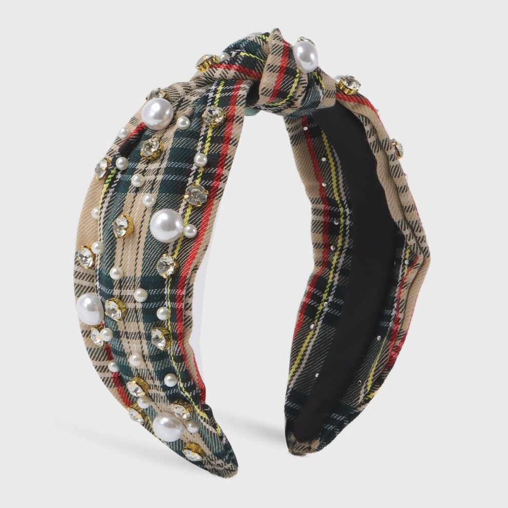 Knotted Checked Fabric Headband with Beaded Diamond Trim, Soft Texture for Gentle Hair Protection
