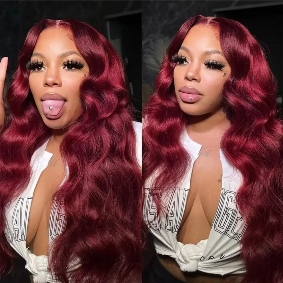 26 Inch 99J Burgundy Body Wave Lace Front Wig Human Hair with HD Transparent Lace and Natural Hairline
