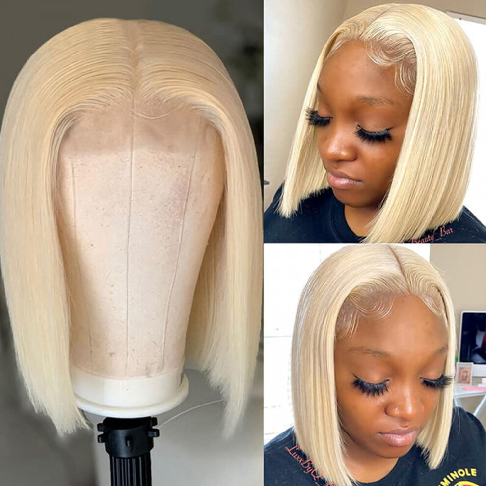 Unisex 613 Blonde 13X6 Lace Front Human Hair Bob Wig 12 Inch Straight Natural Hairline Full Volume