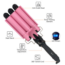 3 Barrel Curling Iron for Beach Waves, Tourmaline Ceramic Triple Barrel Waver with Fast Heating and LCD Display, Pink