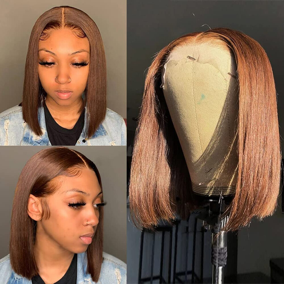 Unisex Brown #4 13X1 T Part Lace Front Bob Wig Brazilian Remy Human Hair Pre Plucked Baby Hair 150% Density