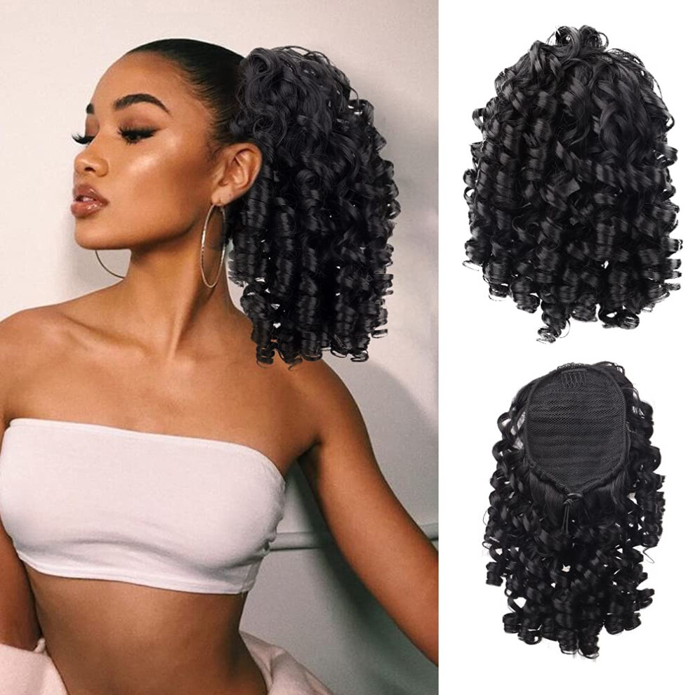 14 Inch Black Curly Drawstring Ponytail Extension for Women, Synthetic Hairpiece with Natural Texture