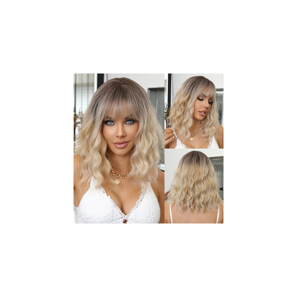 Blonde Ombre Short Curly Wig with Bangs for Women, Heat Resistant Synthetic Hair, 14 Inch Wavy Style