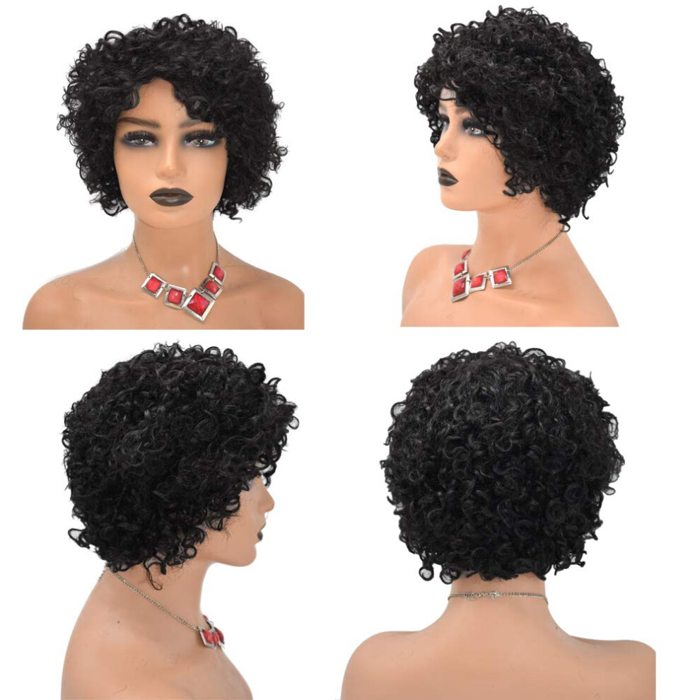 Unisex Black 8 Inch Kinky Curly Afro Wig Human Hair For Women, Natural Afro Curl Texture, Jet Brazilian Style