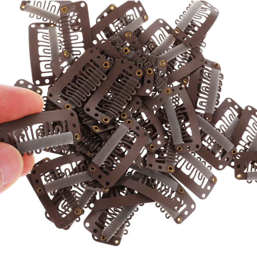 Unisex Brown 50Pcs Dark Wig Clips With Silicone Grip, 6Teeth Ushape Metal Hair Extension Clips