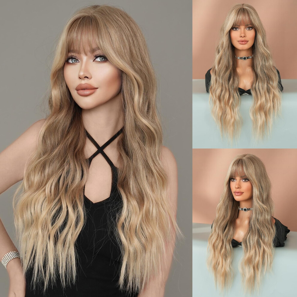 Unisex Silver Ash Blonde Long Wavy Wig With Bangs, Platinum Ombre, Heat Resistant Synthetic Hair For Women