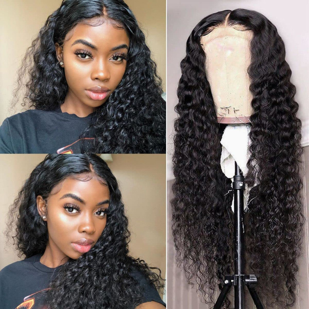 Unisex 18 Inch Water Wave Lace Front Wigs Human Hair Brazilian Virgin T Part Pre Plucked Middle Part