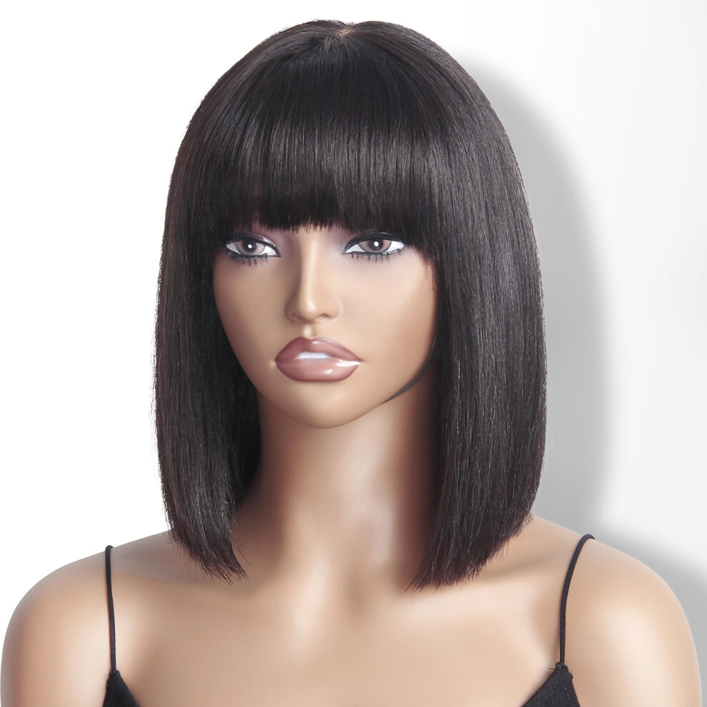 12 Inch Bob Wig Human Hair with Bangs, HD Lace Glueless, 180% Density Brazilian Straight