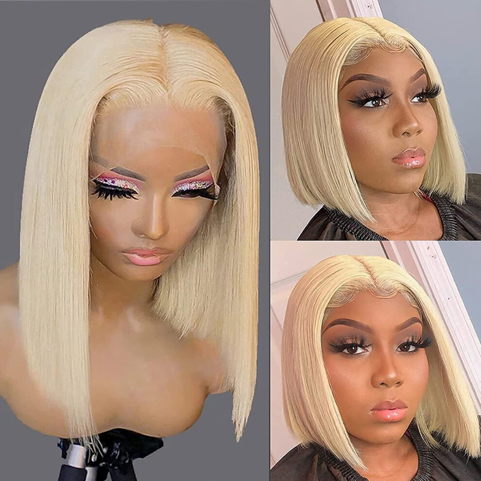 Unisex 14 Inch 613 Blonde Bob Wig Hd Transparent Lace Front Pre Plucked Hairline 180% Density