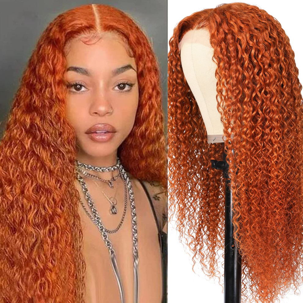 Unisex Orange Ginger Jerry Curly Human Hair Lace Front Wig Brazilian Virgin Pre Plucked Natural Hairline 16 Inch