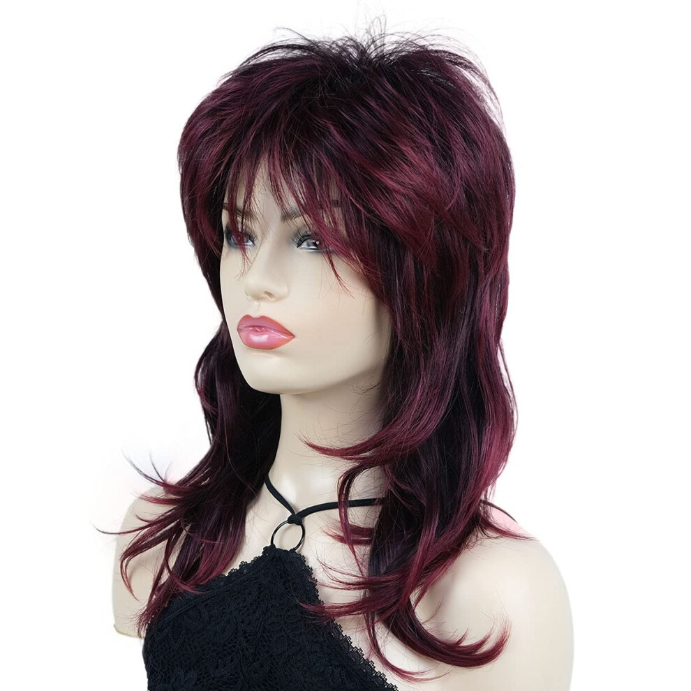 Unisex Shaggy Layered Wig With Bangs Shoulder Length Heat Resistant Synthetic Wavy Hair Adjustable Fit