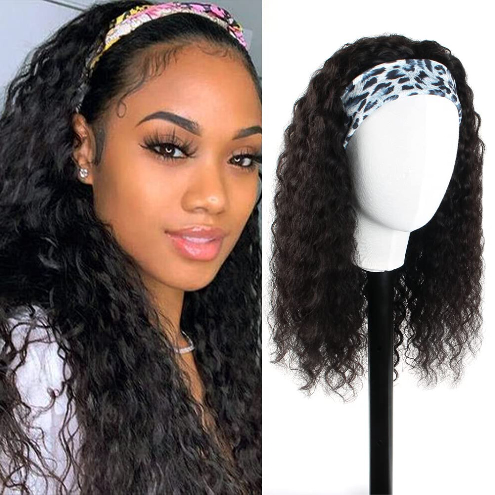 Malaysian Curly Headband Wig 16 Inch Virgin Human Hair No Glue 150% Density for Black Women