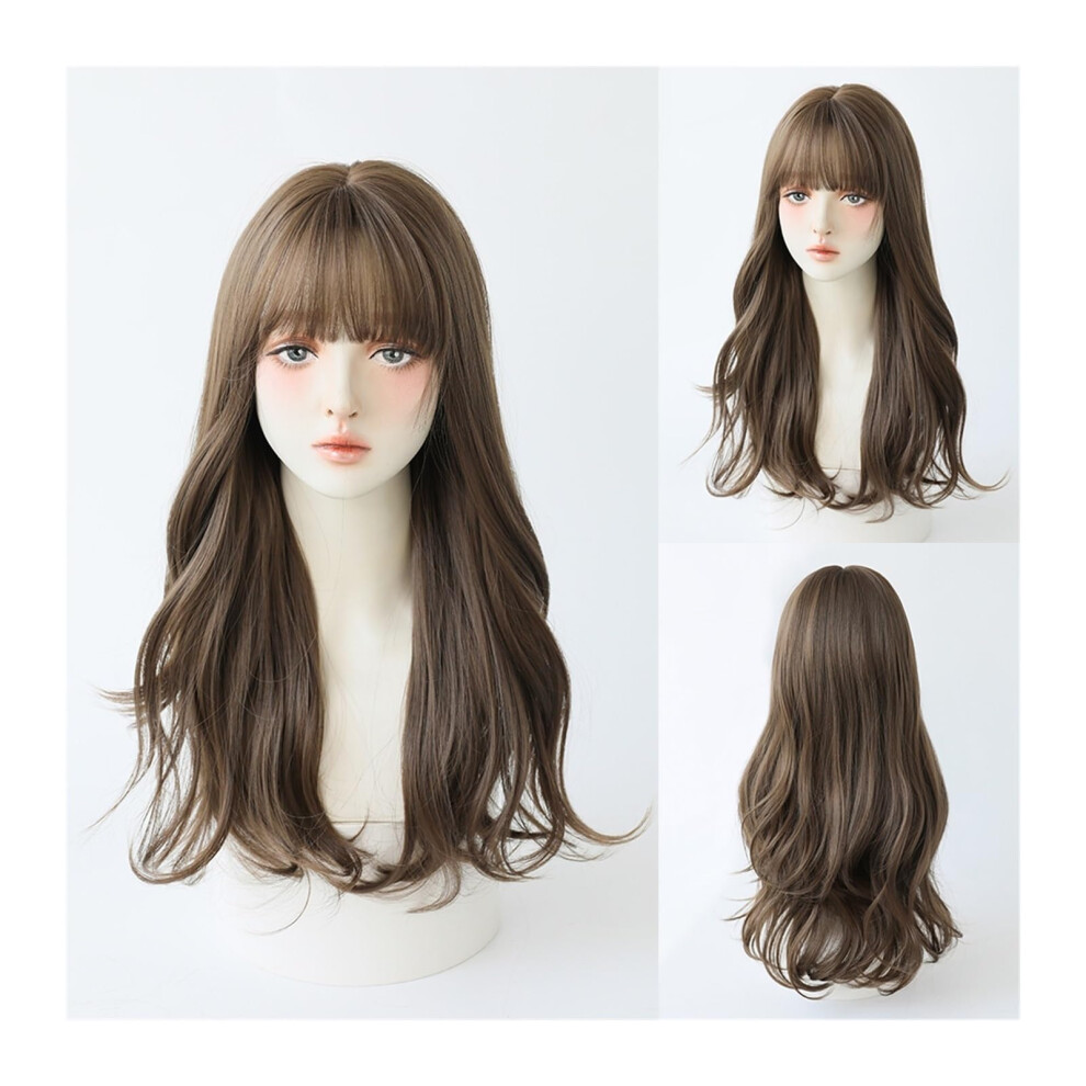 Unisex Cream,Grey Synthetic Wigs For Women Heat Resistant Long Wavy Wig With Bangs Beige Grey Cosplay Lolita Style