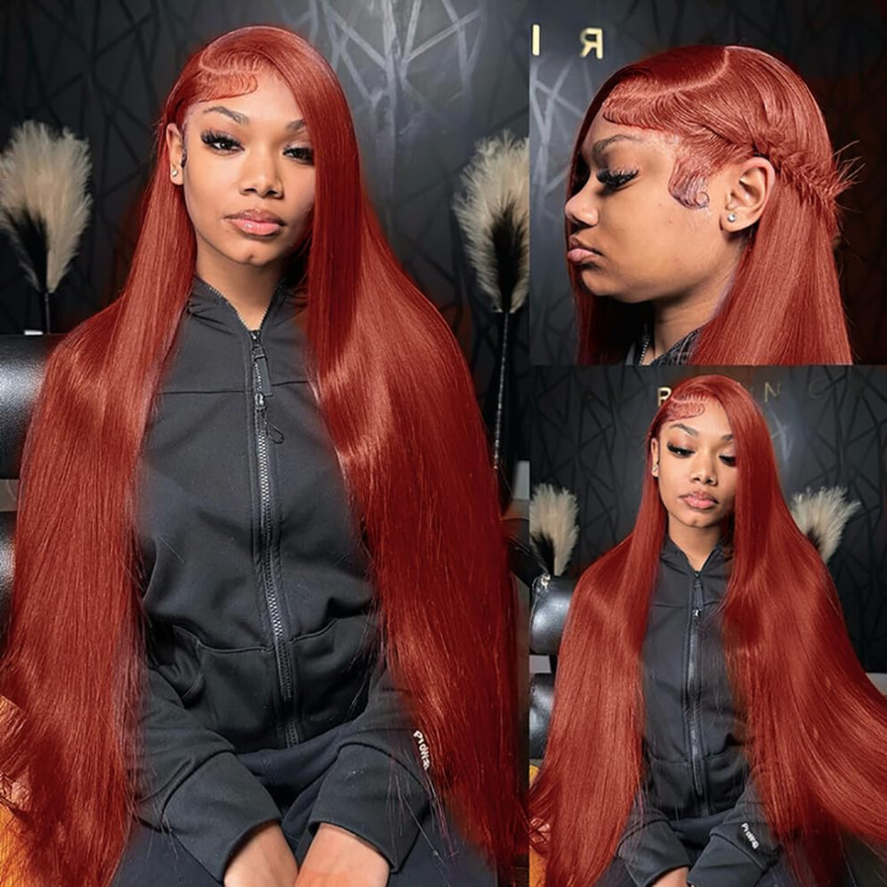 Reddish Brown Lace Front Wig Human Hair 32 Inch Straight 180 Density Brazilian Virgin Hair