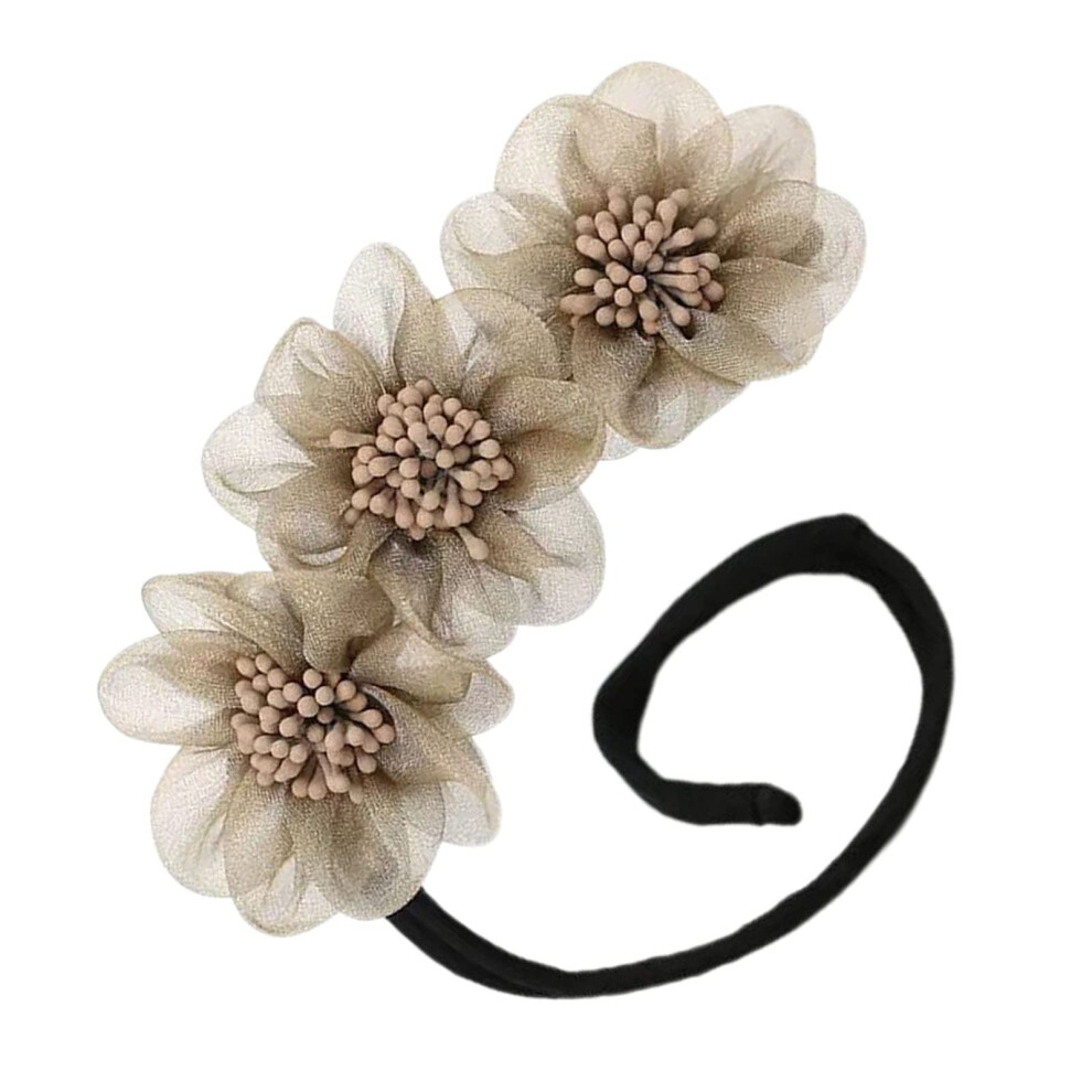Hair Bun Maker with Foldable Hairpin and Floral Decoration for Secure Styling Khaki