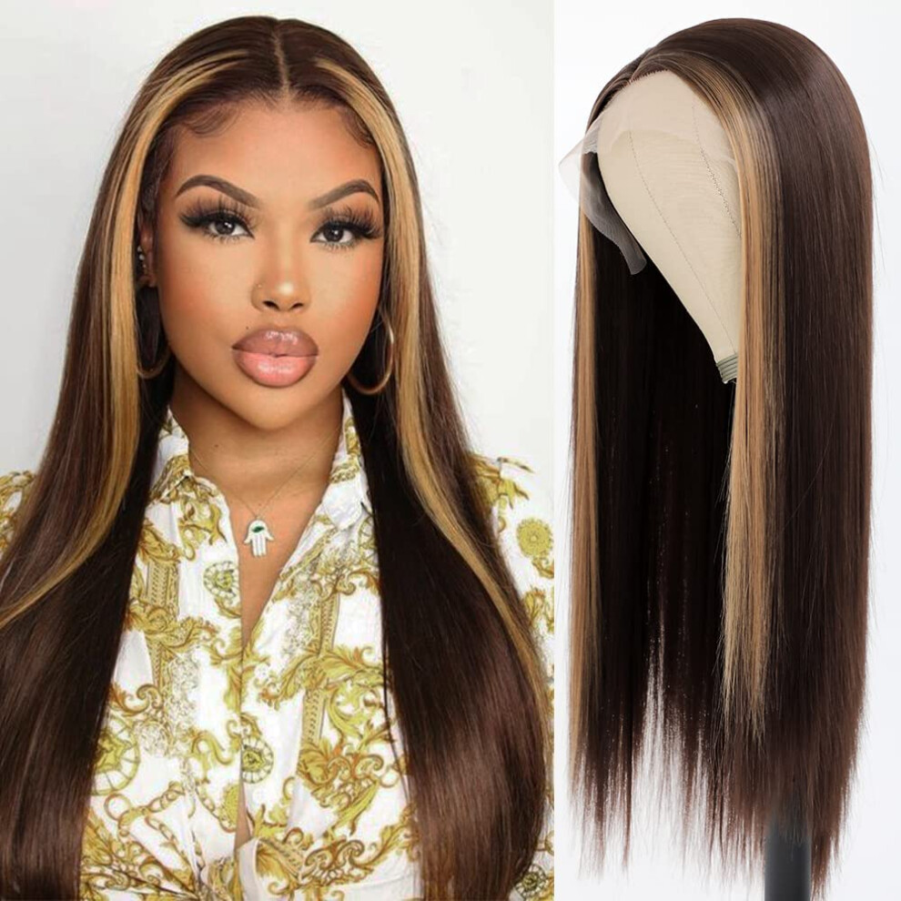 Unisex 24 Inch Long Straight Synthetic Lace Front Wig With Honey Blonde Faceframing Highlights