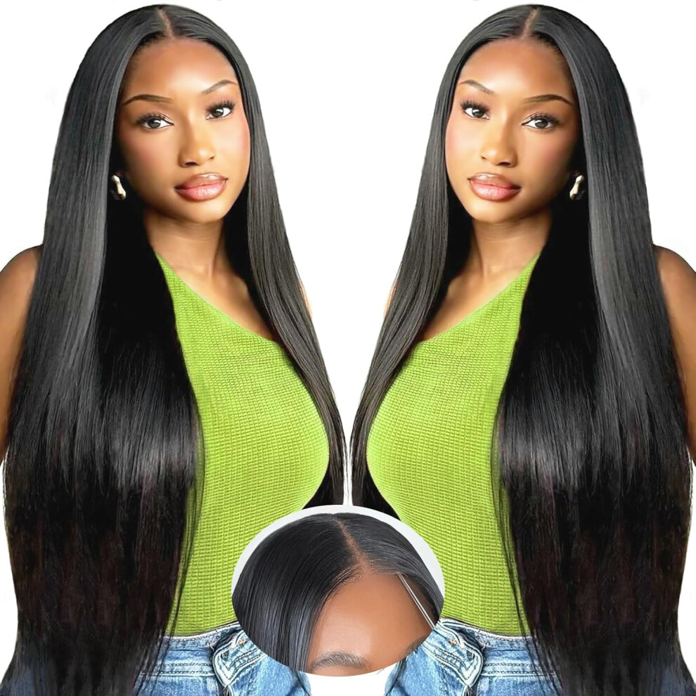 Unisex Black 34 Inch Glueless Human Hair Lace Front Wig, Pre Plucked Pre Cut 9X6 Hd Lace, 250% Density Straight