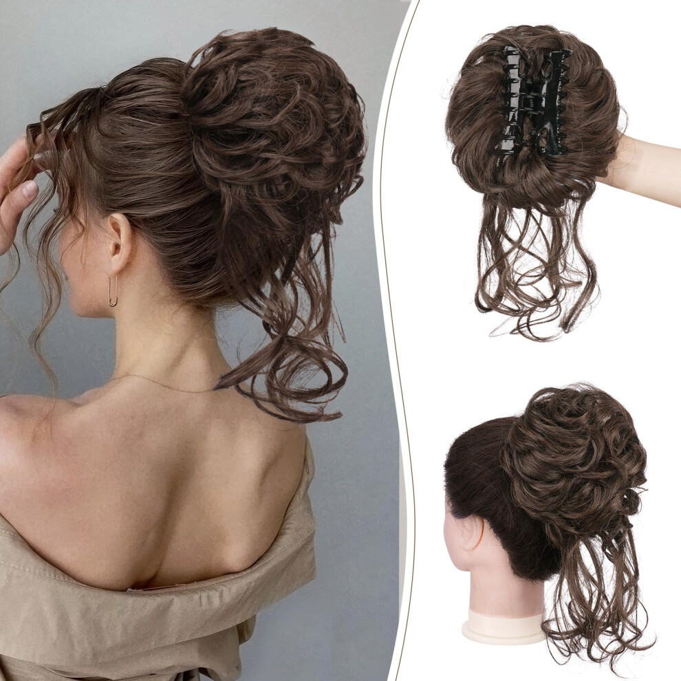 Unisex Red,Brown Messy Bun Hair Piece With Claw Clip, Curly Wavy Synthetic Hair Extension, Brown Auburn Mixed