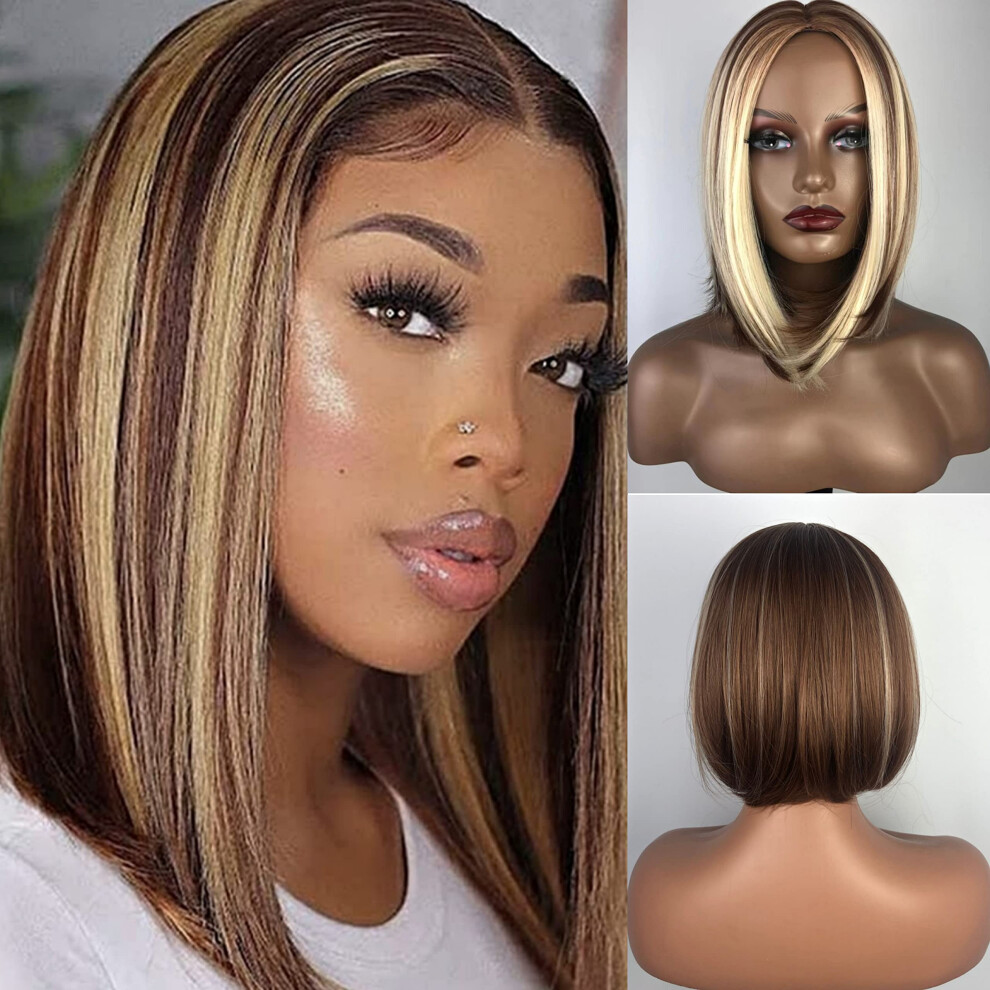 Unisex Black Blonde Bob Wig 12 Inch Synthetic Heat Resistant Highlights Middle Part Short Wig For Women