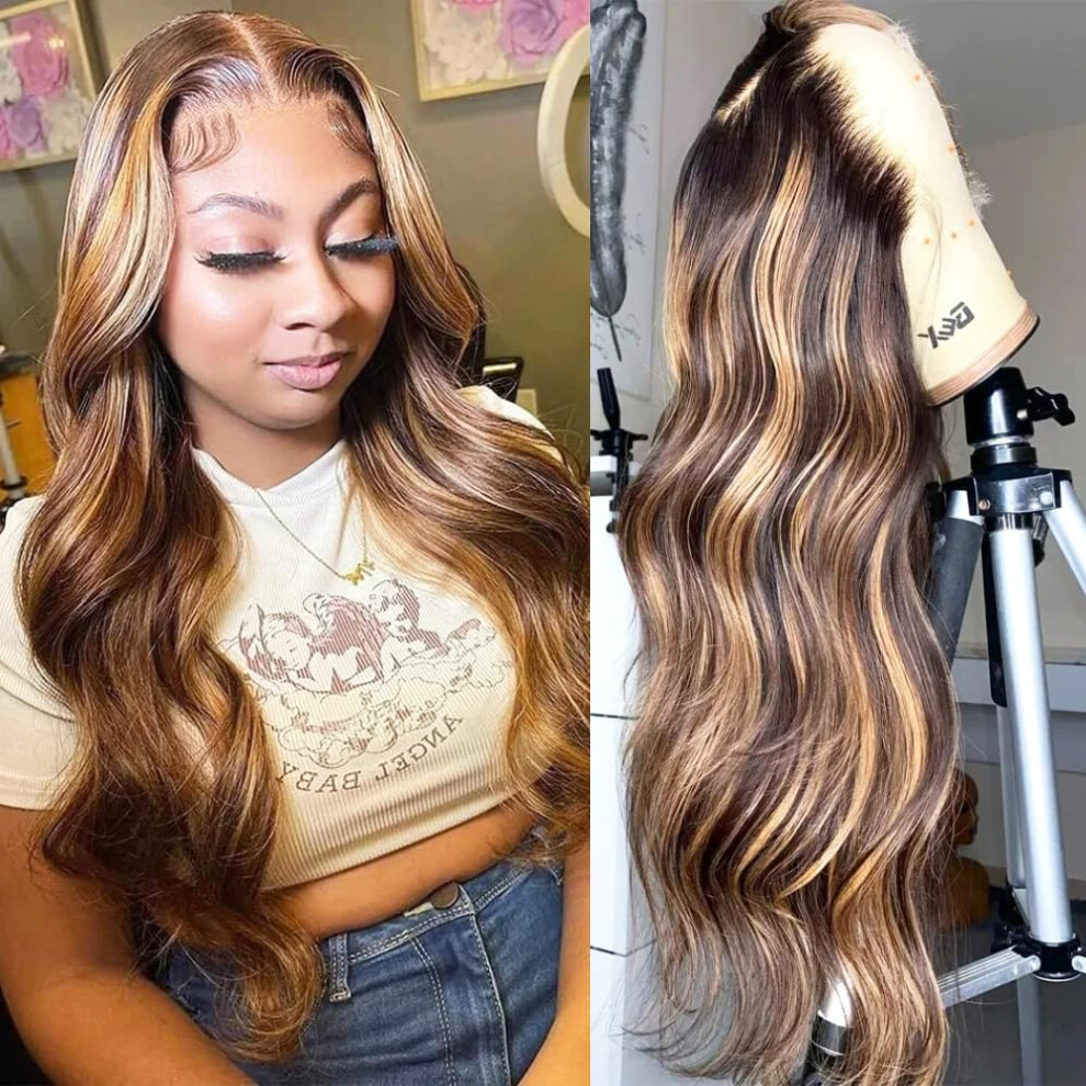 Unisex Human Hair Lace Front Wig Ombre Highlight Body Wave 13X4 Hd Glueless Pre Plucked 20 Inch
