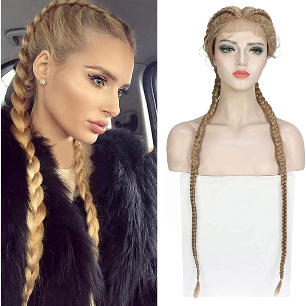 Unisex Braided Wig Blonde Double Braided Ponytail Synthetic Lace Front Wig Heat Resistant For Women