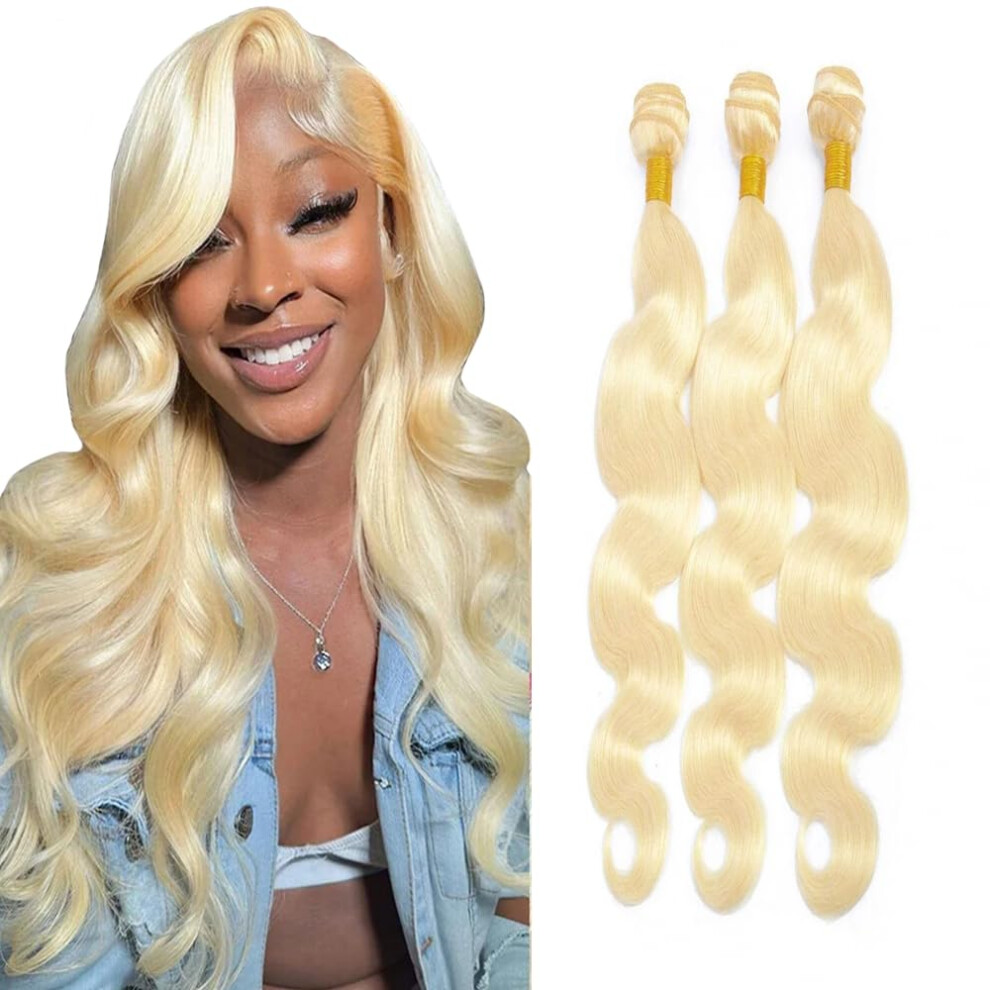 Unisex 613 Blonde Human Hair Bundles Brazilian Body Wave 3Pcs 14 16 18In Soft Silky Double Weft Virgin Hair