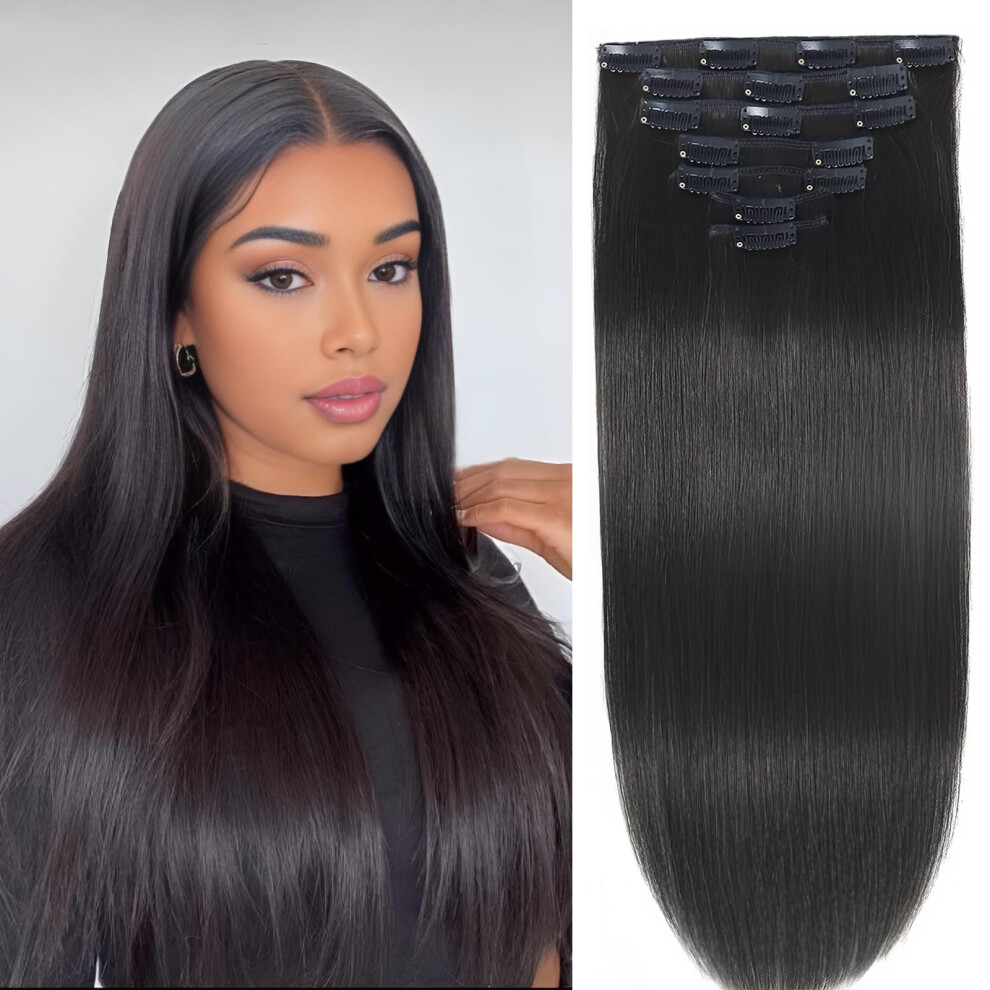 Unisex Black Clip In Hair Extensions 24 Inch Natural Remy Human Hair, Straight 8Pcs 120G For Women